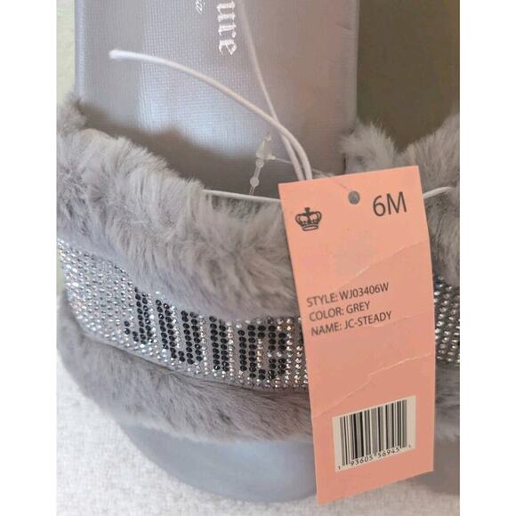 Juicy Couture JC Gravity Slide Slippers Faux Fur Gray Bling Size 6M - Picture 3 of 4